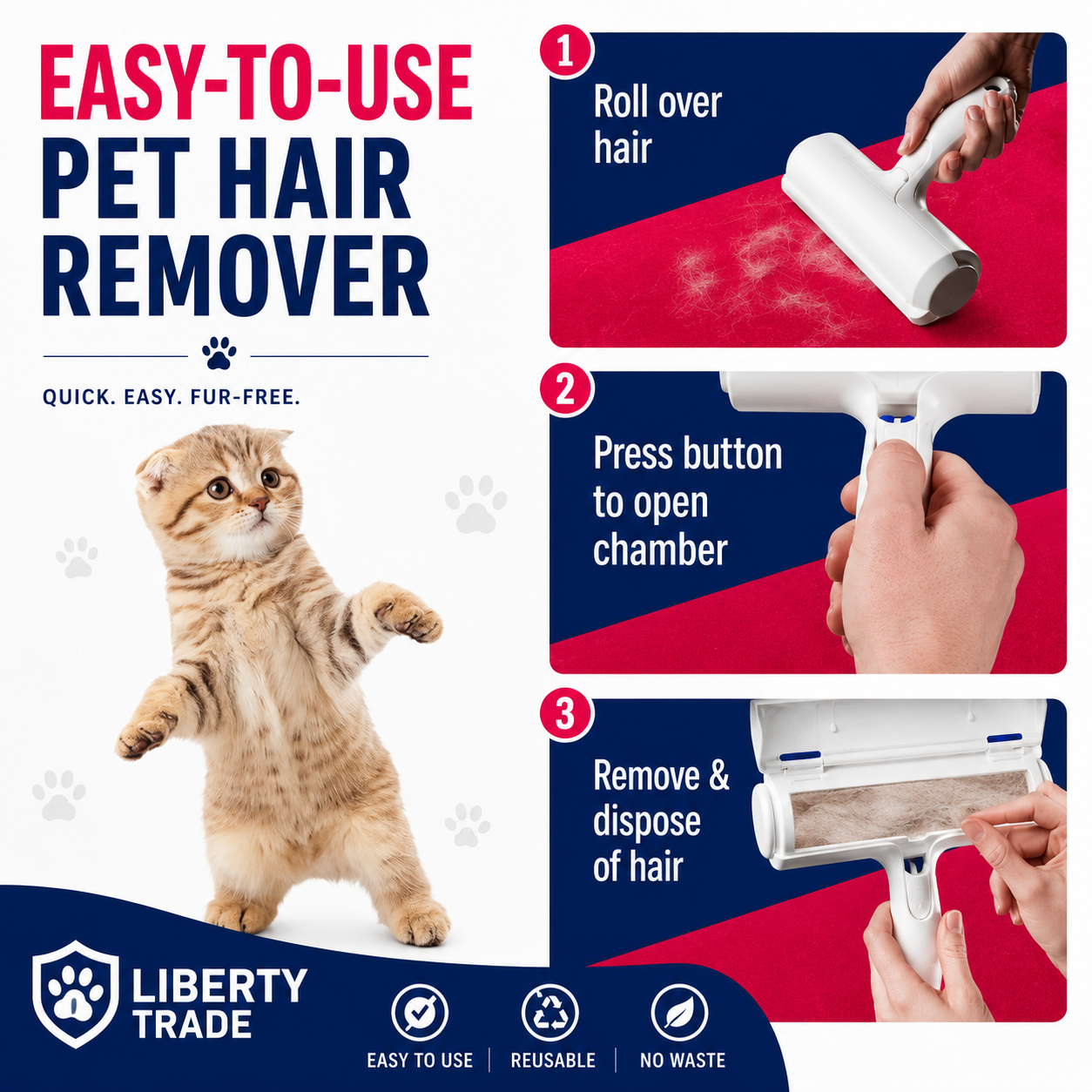 Roller Pet Hair Remover – Original Size Reusable Lint Roller for Cat & Dog Hair on Furniture, Couch, Carpet, Car, Rugs & Bedding – Portable, Eco-Friendly (White)