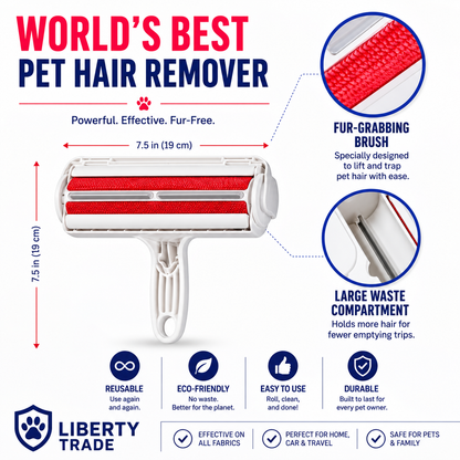 Roller Pet Hair Remover – Original Size Reusable Lint Roller for Cat & Dog Hair on Furniture, Couch, Carpet, Car, Rugs & Bedding – Portable, Eco-Friendly (White)